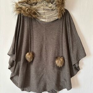 Gray Hooded Poncho Cape with Faux Fur Trim